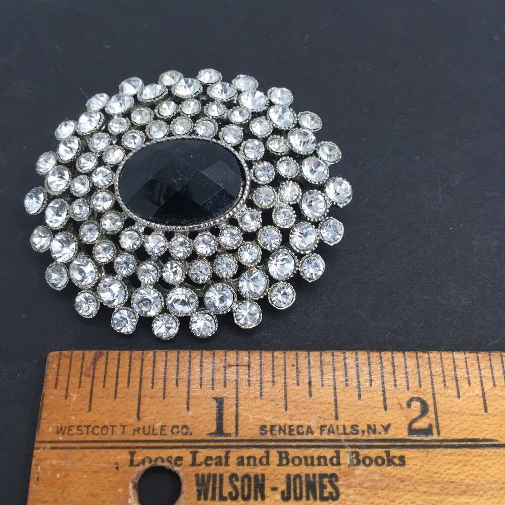 Monet Vintage Silver Color Rhinestones Black Faux Gem Brooch Pin - Picture 3 of 4